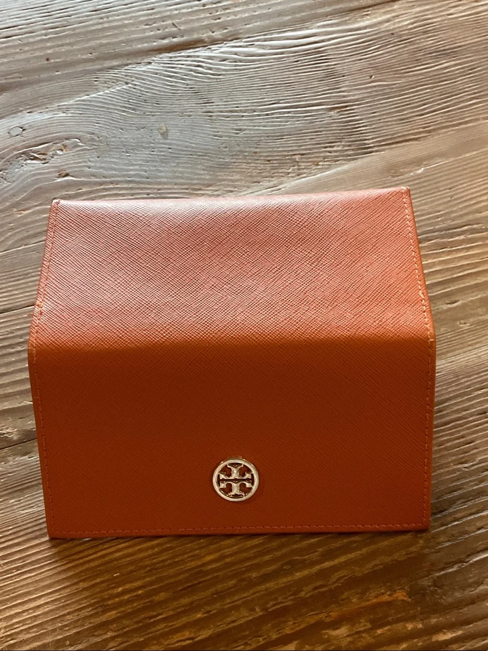 Tory Burch Orange Leather Continental Card Case with Logo Medallion